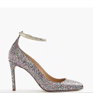 J crew coated glitter pumps with ankle straps